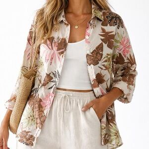 Vintage Tropical 100% Linen Shirt Resort Vacation Coastal Grandma Top Size 16